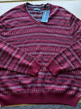 John Bartlett Burgundy/Gray Geometric Sweater 2X Ski Holiday Cozy Cabin